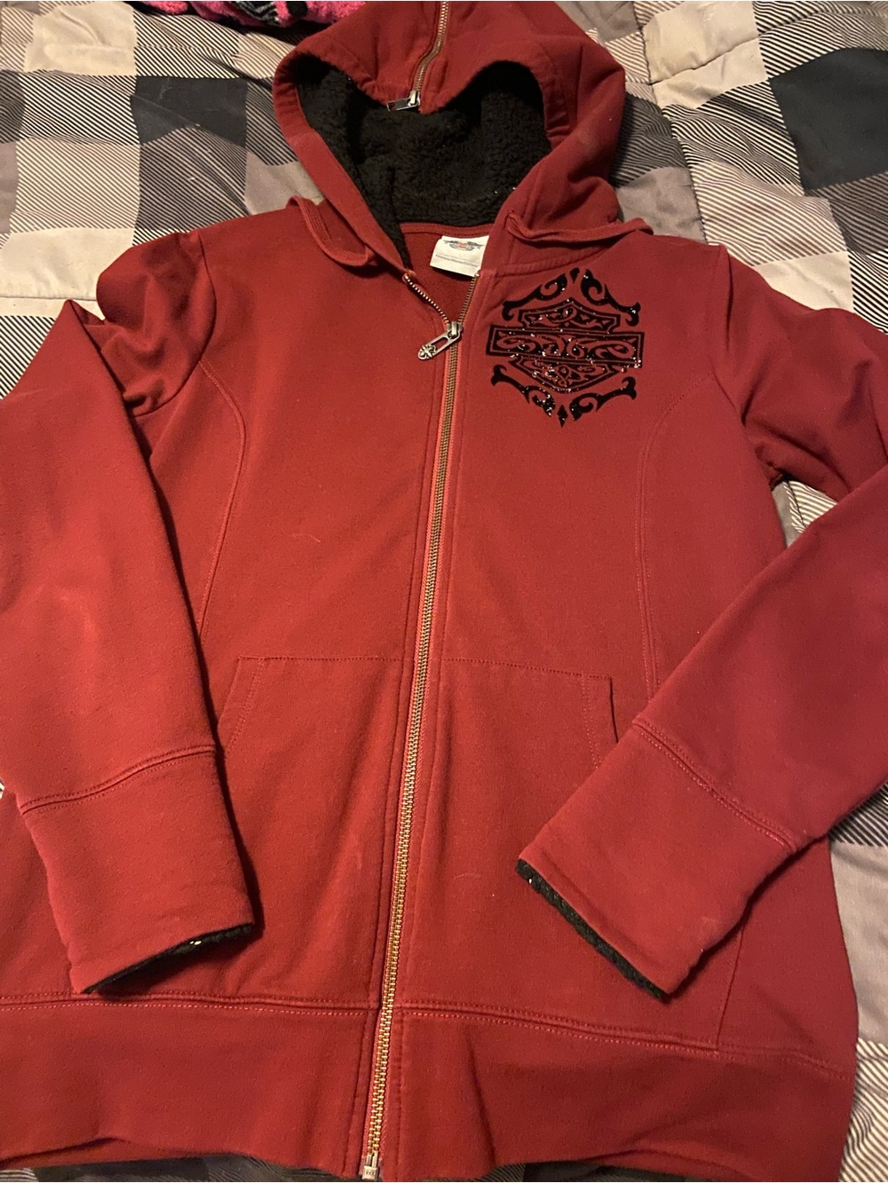 Harley-Davidson Maroon Full-Zip Hooded Sweatshirt with Black Chest Emblem